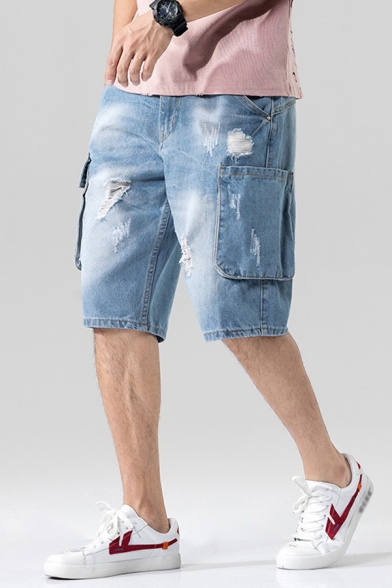 Simple Mens Jean Shorts Light Wash Ripped Flap Pocket Zipper Fly Mid Rise Regular Fitted Jean Shorts