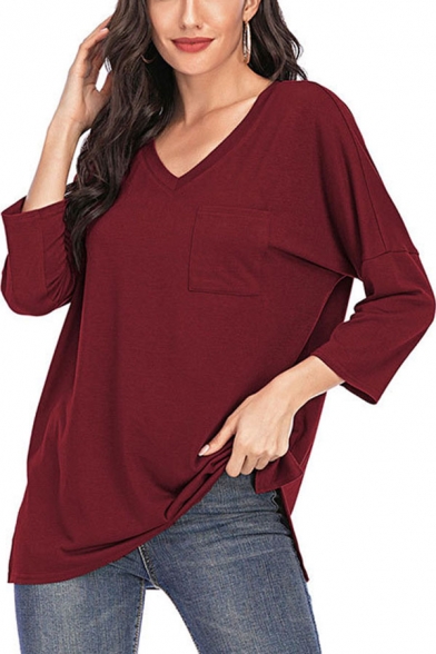 Simple Summer Plain Slit Side Pocket V Neck 3/4 Sleeve Loose Fit Tunic Tee Top for Womens