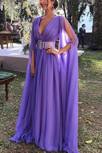 Special Occasion Purple Long Sleeve Deep V-neck Cut out Long Pleated A-line Dress with Belt