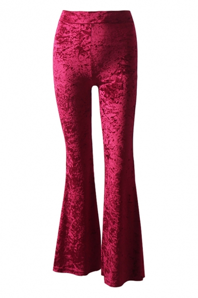Stylish Solid Color Velvet High Waist Long Flared Pants for Ladies