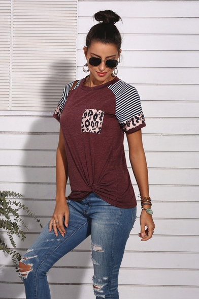 Stylish Striped Leopard Print Patchwork Crew Neck Short Sleeve Regular Fit Raglan T-Shirt for Women