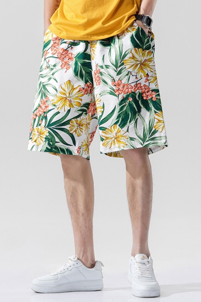 Tropical Style Shorts Floral Leaf Pattern Pocket Drawstring Mid Rise Relaxed Fitted Shorts for Men