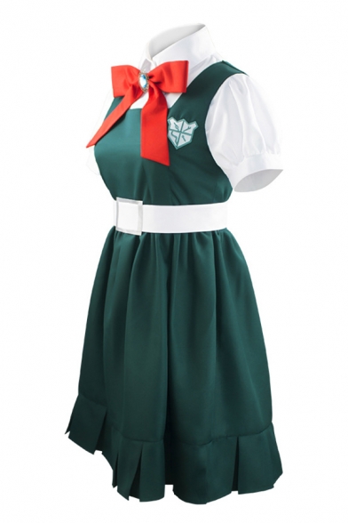 Unique Bow Tied Short Mid Pleated Dress Belted Long Socks Green Set for Girls