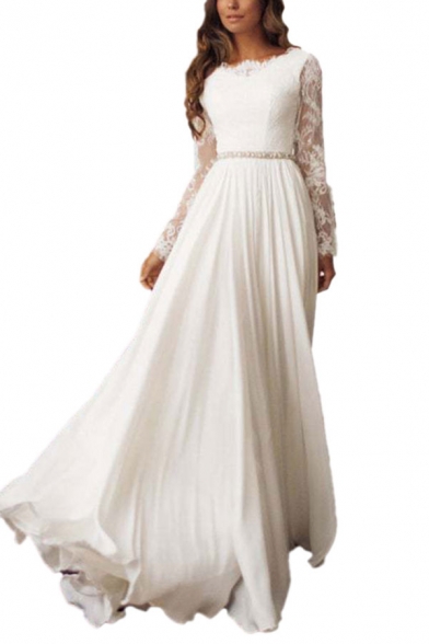 White Elegant Womens Cut Out Lace Gathered Waist Pleated Open Back Crew Neck Long Sleeve Maxi Fit&Flare Gown Wedding Dress