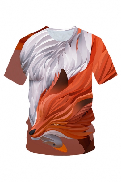 3D Brown Fox Print Basic Short Sleeve Round Neck Loose Fit T-Shirt
