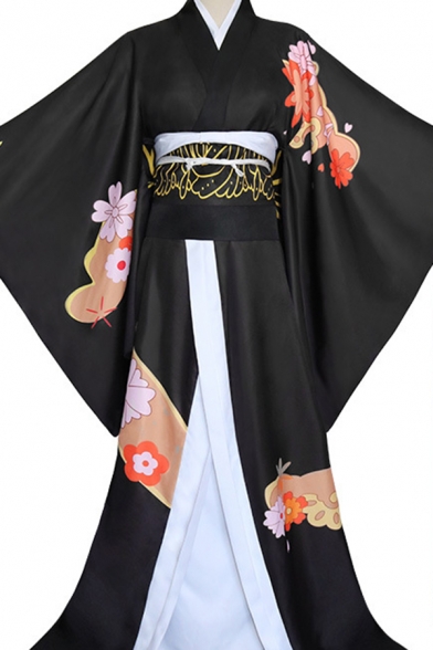 Anime Cosplay Custome Batwing Sleeve Tied Waist Long Kimono & Shirt Co-ords in Black