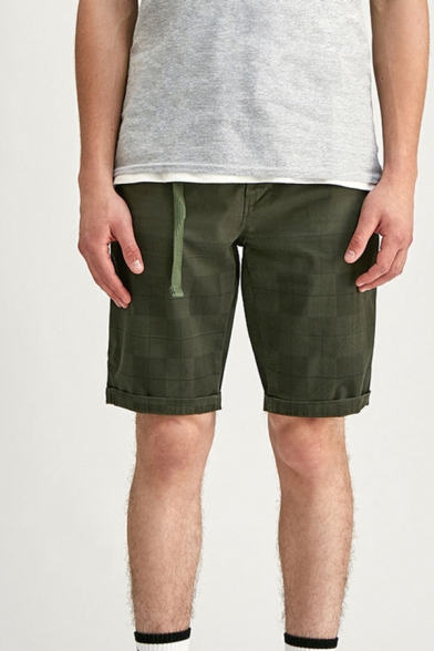 Basic Mens Chinos Shorts Plaid Pattern Buckle Decorated Knee-Length Zipper Fly Regular Fitted Chinos Shorts
