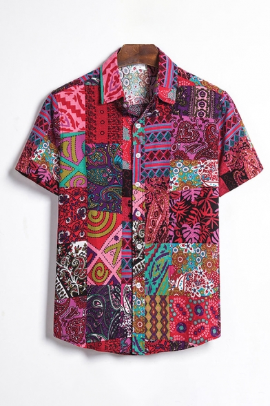 Basic Mens Shirt Colorblock Geometric Floral Paisley Pattern Button up Turn-down Collar Short Sleeve Regular Fit Shirt