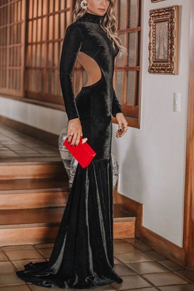 Black Sexy Womens Solid Color High Neck Long Sleeve Floor Length Sheath Mermaid Gown Backless Dress
