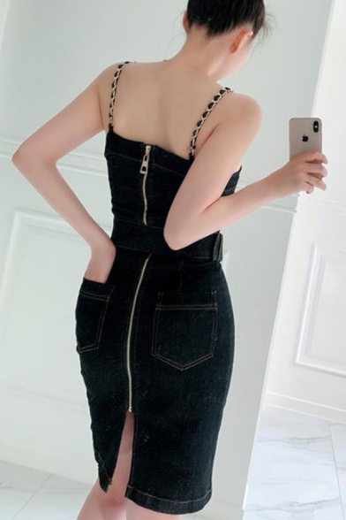 Cool Black Faux Leather Panel Zip Front Chain Embellished Mini Fitted Overall Dress