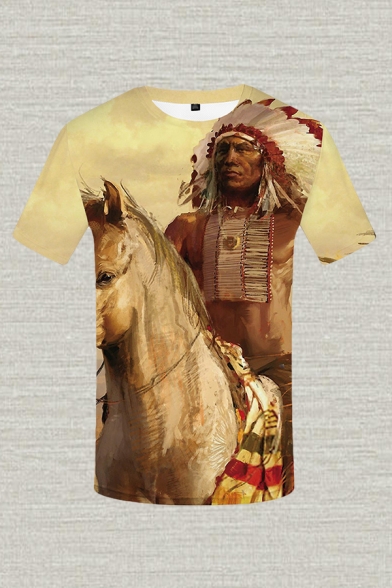 Cool Mens 3D Tee Top Indian Figure Horse Painting Round Neck Slim Fit Short Sleeve Tee Top