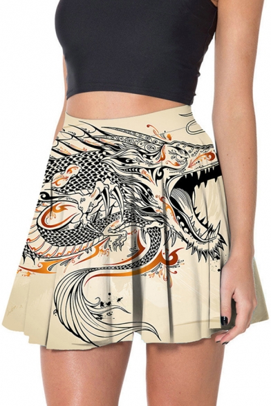 Fashionable Womens Skirt Roaring Dragon 3D Pattern Mini Skater Skirt in Khaki