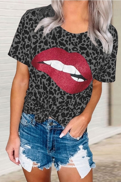 Hot Popular Leopard Sequined Lip Printed Crew Neck Short Sleeve Loose Fit Tunic Tee for Womens