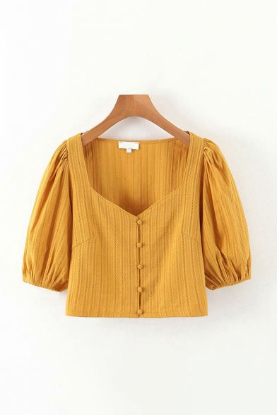 Lovely Girls Puff Sleeve Sweetheart Neck Button Up Knit Regular Fit Crop Blouse in Yellow