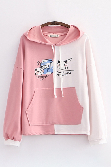 Lovely Letter Yummy Cat Graphic Colorblock Long Sleeve Drawstring Pouch Pocket Loose Hoodie