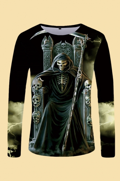Mens 3D T-Shirt Casual Reaper Scythe Chair Pattern Slim Fitted Round Neck Long Sleeve T-Shirt