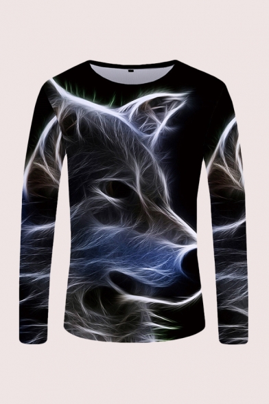 Mens 3D T-Shirt Simple Abstract Wolf Pattern Slim Fitted Round Neck Long Sleeve T-Shirt