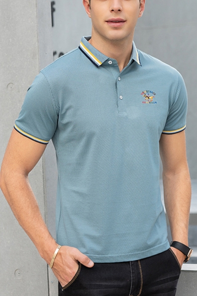 Mens Trendy Polo Shirt Horse Figure Letters Embroidered Contrasted Trim Short Sleeve Spread Collar Regular Fit Polo Shirt