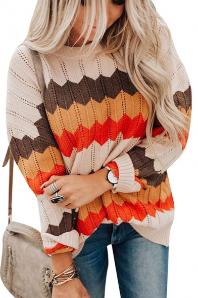 Novelty Womens Color Block Crew Neck Long Sleeve Loose  Tunic Knitwear Pullover Sweater in Red