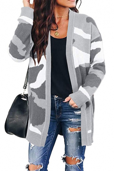 Popular Camo Printed Long Sleeve Open Front Knitted Loose Fit Cardigan for Girls