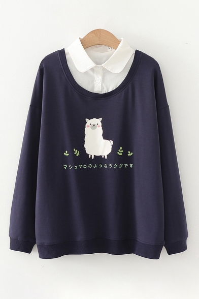 Popular Girls Japanese Letter Sheep Graphic Long Sleeve Patched Contrasted Polo Collar Relaxed Pullover Sweatshirt