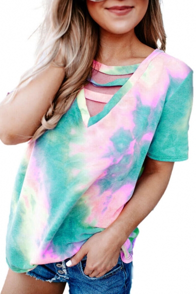 Popular Tie-dye Printed Hollow out V-neck Short Sleeve Relaxed Fit T-shirt for Women