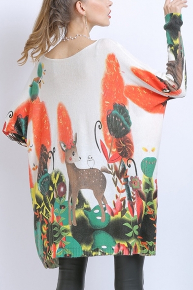 Popular Womens Giraffe Printed Boat Neck Long Sleeve Loose Tunic Knitwear Top