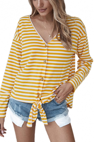 Popular Womens Stripe Pattern Long Sleeve V-neck Button up Tied Hem Relaxed T Shirt