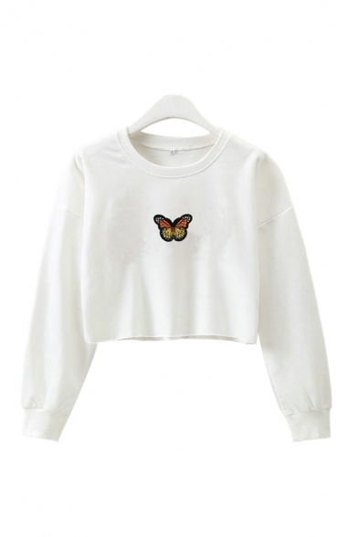 Pretty Butterfly Embroidered Long Sleeve Crew Neck Relaxed Crop Pullover Sweatshirt in White
