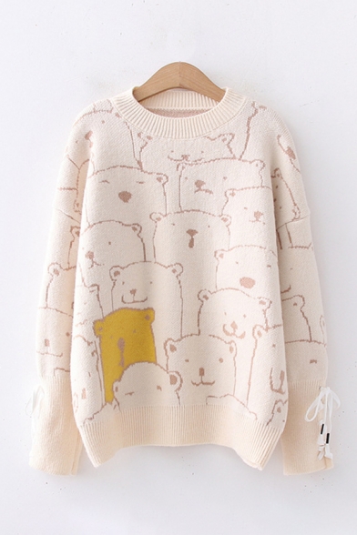 Pretty Girls Knit Bear Printed Lace-up Long Sleeve Crew Neck Loose Fit Pullover Sweater