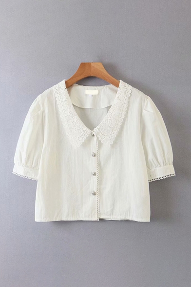 Pretty Ladies Puff Sleeve Point Collar Button Up Relaxed Fit Blouse Top in White
