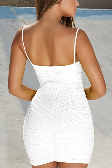 Sexy Womens Solid Color Ruched Backless Sweetheart Neck Spaghetti Straps Sleeveless Mini Bodycon Cami Dress