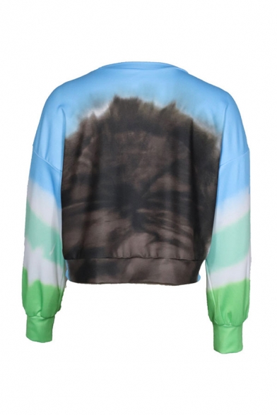 Stylish Tie Dye Printed Long Sleeve Crew Neck Relaxed Fit Cropped T Shirt for Women