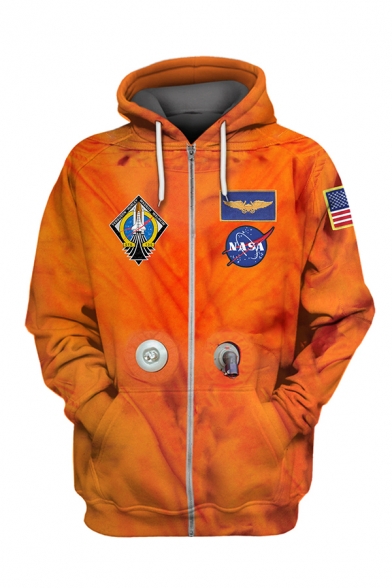 Trendy Astronaut NASA Logo Printed Long Sleeve Zip Up Orange Hoodie
