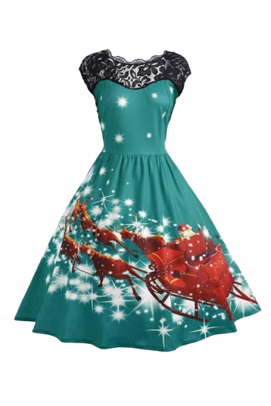 Womens Christmas Theme Round Neck Short Sleeve Hollow Lace Pleated Fit Midi Dress