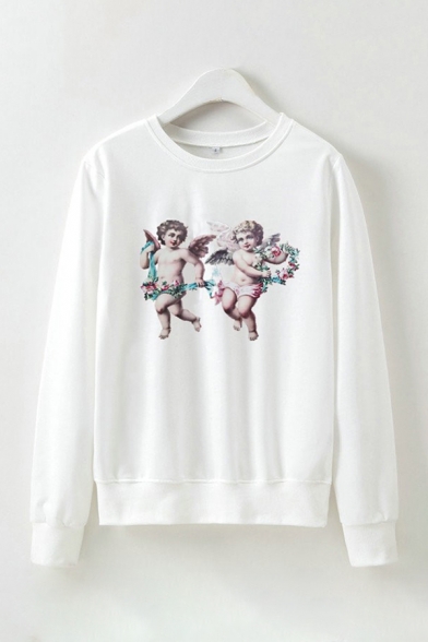 Angel Printed Long Sleeve Crew Neck Loose Fit Fashion Pullover Sweatshirt in White