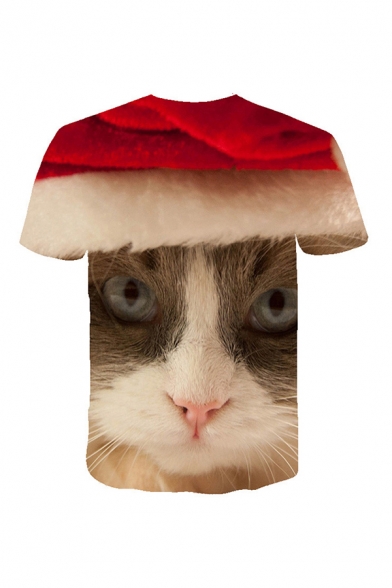 Basic Mens 3D Tee Top Cat Christmas Hat Printed Short Sleeve Regular Fitted Crew Neck Tee Top