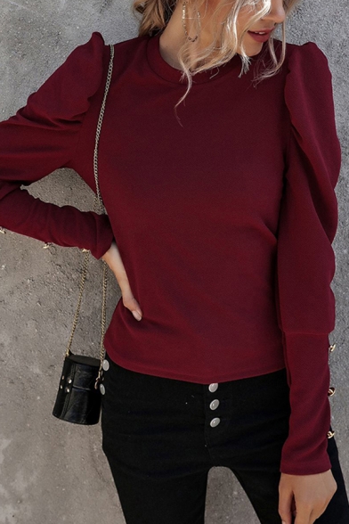 Burgundy Pretty Plain Button Embellished Round Neck Puff Long Sleeve Slim Fitted T-Shirt for Women