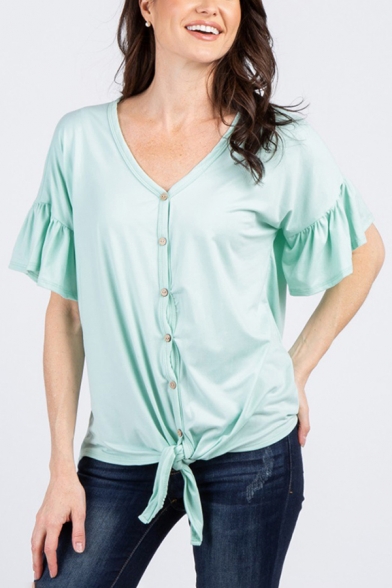 Casual Solid Color Bell Sleeve V-neck Button Up Tied Hem Loose Fit Blouse Top for Women