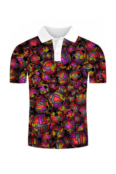 Chic 3D Polo Shirt Geometric Biological Tissues Globe Pattern Contrast Trim Button Short Sleeve Spread Collar Fitted Polo Shirt for Men