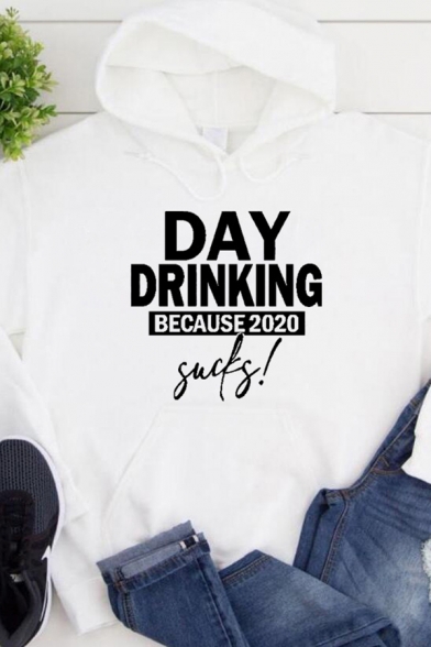Chic Girls Letter Day Drinking Printed Long Sleeve Drawstring Pouch Pocket Relaxed Hoodie