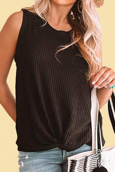 Chic Womens Solid Color Hollow Out Twist Front Crew Neck Sleeveless Regular Fit Knit Shirt