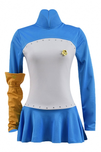 Cool Long Sleeve Stand Collar Panel Contrasted Fit Tee Top & Mini Pleated Skirt Blue Set with Glove