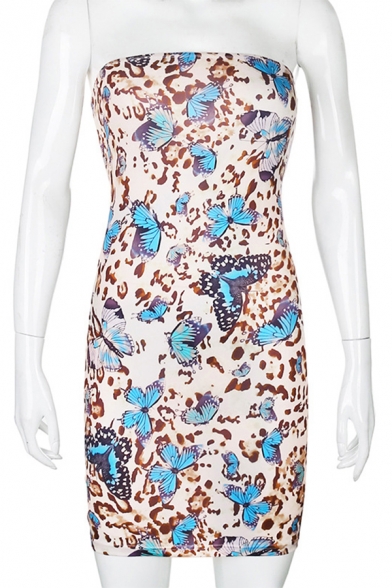 Edgy Girls All Over Butterfly Leopard Pattern Strapless Mini Bodycon Tube Dress in Blue