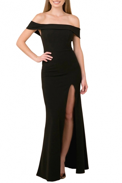 Elegant Solid Color Off the Shoulder High Slit Maxi Fishtail Dress for Special Occasion for Women