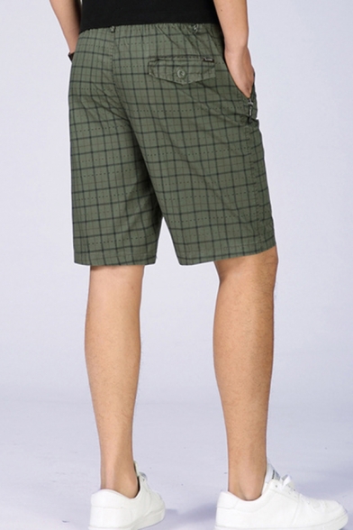 Fancy Mens Shorts Checked Pattern Pocket Zipper Applique Elastic Mid Rise Regular Fitted Shorts
