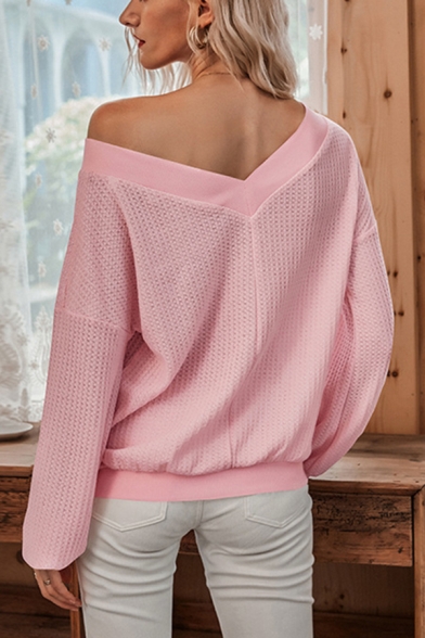 Fashion Womens Solid Color Long Sleeve V-neck Relaxed Fit Waffle T Shirt