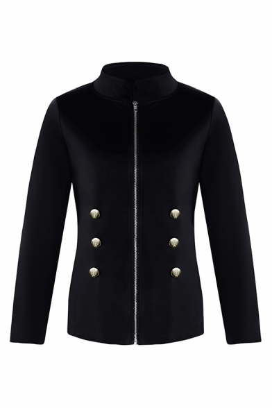 Fashionable Plain Long Sleeve Stand Collar Zipper Front Double Breasted Regular Fit Jacket