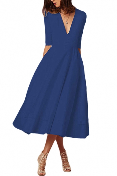 Formal Womens Plain Half Sleeve Deep V-neck Mid Pleated Flared Dress