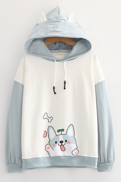 Kawaii Dog Printed Contrasted Long Sleeve Drawstring Loose Fit Hoodie